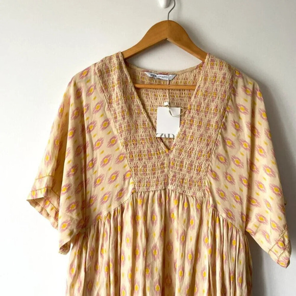 Zara Oversized V Neck Kaftan Midi Dress NWT Yellow Pink Size XS - Picture 4 of 8
